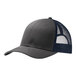 A grey and navy Port Authority trucker cap with a mesh back and white text.