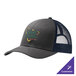 A grey Port Authority trucker cap with a mesh back and a logo on it.