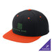 A close-up of a black and deep orange Sport-Tek snapback cap.