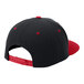 A black 6-panel hat with a red brim and accents.