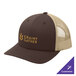 A brown and tan Sport-Tek trucker cap with mesh back.