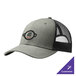A heather grey Port Authority trucker cap with black mesh and a logo on it.