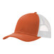 A close-up of a Port Authority Texas orange and white trucker cap with a mesh back.