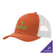 A close-up of a white and orange Port Authority trucker cap.