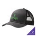 A black and grey trucker cap with green and white text on the front.