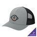 A Sport-Tek heather gray trucker cap with black mesh and a black and white logo.