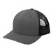 A black and grey Sport-Tek trucker cap with a mesh back.