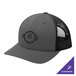A graphite and black Structured Sport-Tek trucker cap with a logo on it.