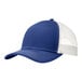 A blue and white Port Authority trucker cap with mesh back.
