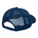 An ivory and navy blue 5-panel hat with white mesh sides.