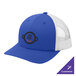 A blue and white structured trucker cap with a logo on it.