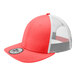 A coral and white trucker hat with a mesh back.