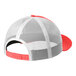 A New Era coral and white 6-panel trucker cap with mesh back and red logo.