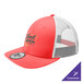 A coral and white New Era trucker cap with mesh back and logo on it.