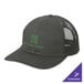 A grey Port Authority trucker cap with a green and white logo on the front and green mesh.