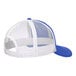 A white hat with blue and white accents and a mesh back.