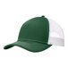 A forest green and white Port Authority trucker cap with a mesh back.