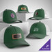 A collection of customizable forest green and white 6-panel trucker caps with mesh backs, displayed on white platforms.