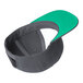 A close-up of a graphite and green Sport-Tek 6-panel cap.