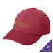 A berry red Port Authority dad cap with gold text on it.