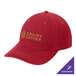 A red Port & Company dad cap with gold text on it.