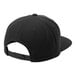 A black 6-panel baseball cap with a black strap and white logo.