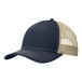 A navy and tan Port Authority trucker cap with mesh back.