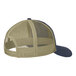 A close-up of the back of a Port Authority trucker cap with navy and tan mesh.