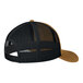 A close-up of a black and brown Port Authority trucker cap with a mesh back.