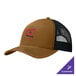 A brown Port Authority trucker cap with a black logo and mesh back.