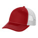 A red and white Port Authority trucker cap with a mesh back.