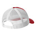 A red and white Port Authority trucker cap with mesh back.