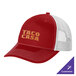 A red and white Port Authority trucker hat with white and orange text on the front mesh panel.