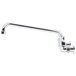 An Advance Tabco wall-mount faucet with a long silver swing nozzle.