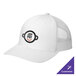 A white structured trucker cap with a logo on the front and mesh back.