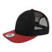 A close-up of a black and red New Era trucker cap with mesh back.