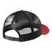 The back of a black trucker cap with red mesh and button.