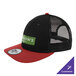 A black and red New Era 6-panel trucker cap with a red logo on the front and mesh back.