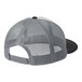 A close-up of the back of a grey and black Port Authority trucker cap with mesh.