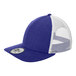 A New Era blue and white trucker cap with a mesh back.