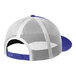 A New Era heather royal and white trucker cap with a mesh back.