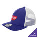 A blue and white New Era 6-panel trucker cap with mesh back.