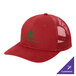A flame red Port Authority 6-panel trucker cap with a green logo on the front and mesh back.