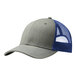 A Port Authority heather grey and blue trucker cap with a mesh back and a mesh front.