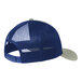 A Heather grey and blue mesh trucker cap.