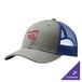 A heather grey and patriot blue Port Authority trucker cap with mesh back.