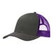 A grey and purple Port Authority trucker cap with a mesh back.