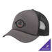 A charcoal grey Port Authority 5-panel foam trucker cap with black mesh.