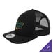 A black New Era trucker cap with a black mesh back and a logo on the front.
