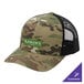 A camouflage Sport-Tek trucker cap with a black mesh back with "Aaron's" embroidered on the front.